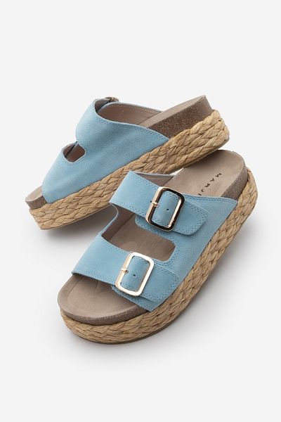 Marjin Damskie oryginalne skórzane grube słomiane podeszwy podwójne paski casualowe kapcie Kifor Blue Suede