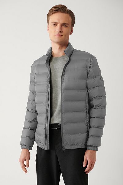 Avva Men's Light Gray Stand Collar Water Repellent Windproof Lightweight Puffer Jacket E 006019