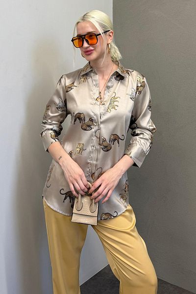 Madmext Mad Girls Leopard Ecru Satin Shirt Mg187