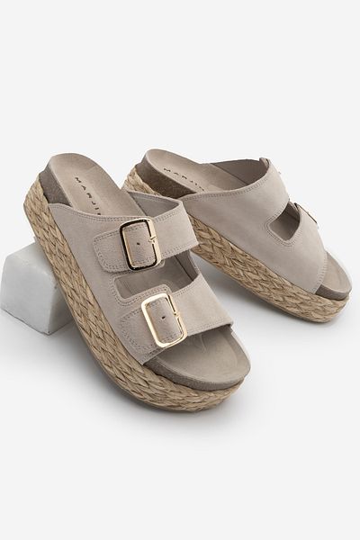 Marjin Damen-Hausschuhe aus echtem Leder mit dicker Strohsohle und doppeltem Band, Kifor, beige Wildleder