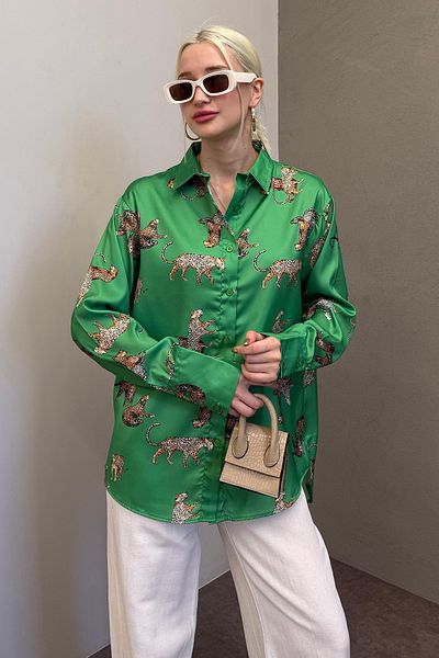 Madmext Mad Girls Leopard Green szatén ing Mg187