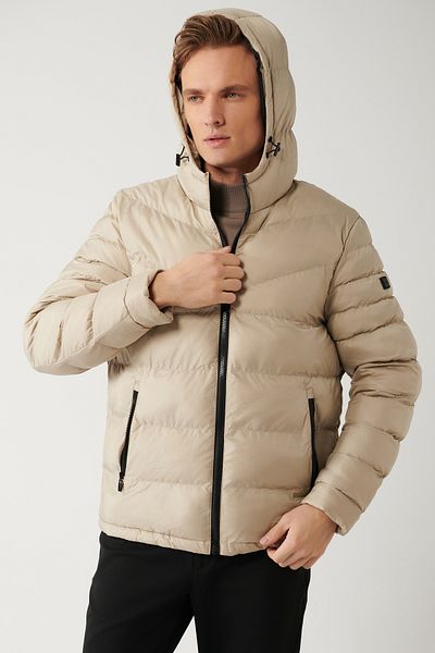 Avva Men's Beige Water Repellent Windproof Quilted Hooded Puffer Jacket E 006011