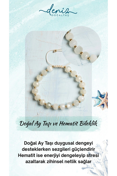 Deniz Doğal Taş Sertifikalı Doğal Ay Taşı ve Hematit Detaylı Ayarlanabilir Bi...