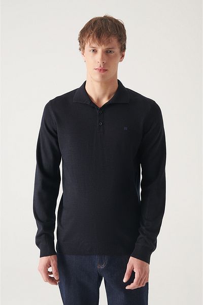 Avva Men's Navy Blue Wool Blended Polo Collar Knitwear Sweater E 005017