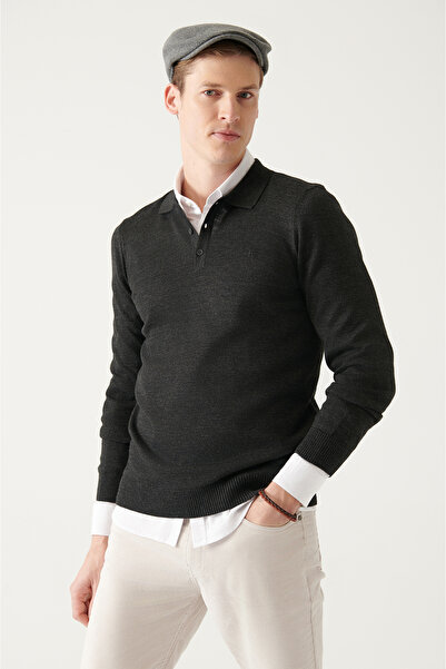 Avva Men's Anthracite Wool Blended Polo Collar Knitwear Sweater E 005017