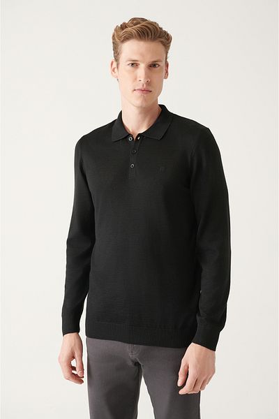 Avva Men's Black Wool Blended Polo Collar Knitwear Sweater E 005017