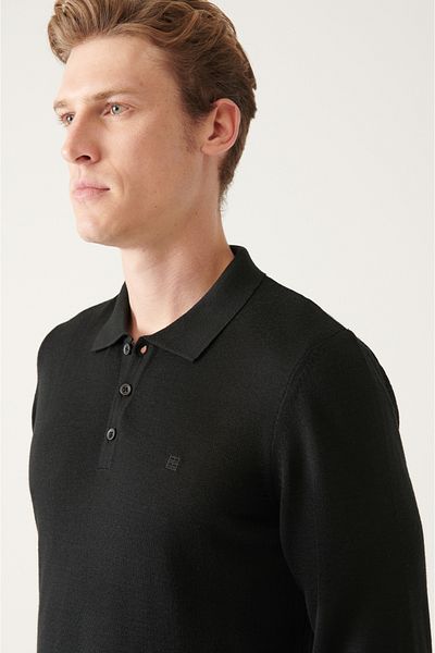 Avva Men's Black Wool Blended Polo Collar Knitwear Sweater E 005017