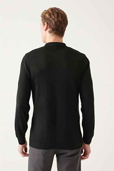 Avva Men's Black Wool Blended Polo Collar Knitwear Sweater E 005017