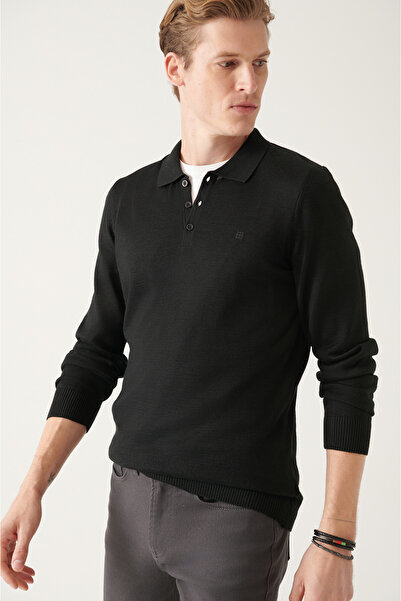 Avva Men's Black Wool Blended Polo Collar Knitwear Sweater E 005017