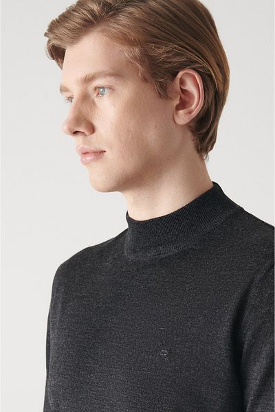 Avva Men's Anthracite Half Turtleneck Wool Blended Knitwear Sweater E 005015
