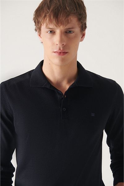Avva Men's Navy Blue Wool Blended Polo Collar Knitwear Sweater E 005017