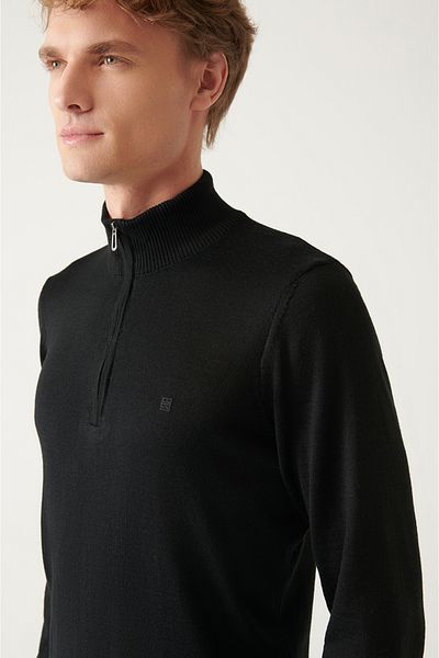 Avva Men's Black Stand Collar Wool Blended Knitwear Sweater E 005019