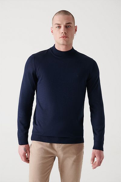 Avva Men's Navy Blue Half Turtleneck Wool Blended Knitwear Sweater E 005015