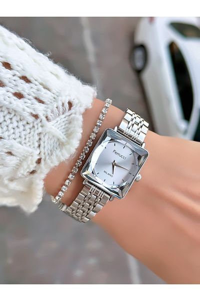 Ferrucci Steel Cord Cutout Glass Square Case Special Design Women's Wristwatch with 2 Years Warranty