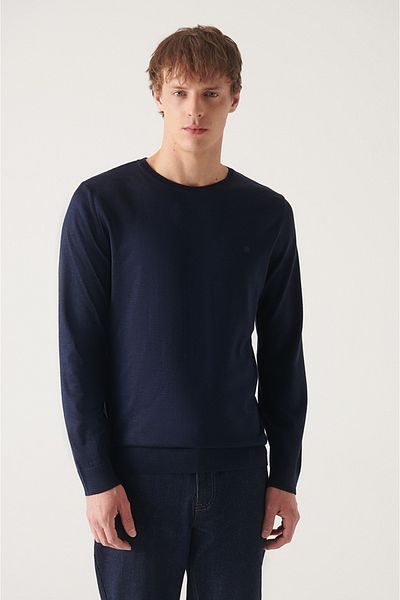 Avva Men's Navy Blue Crew Neck Wool Blended Knitwear Sweater E 005013