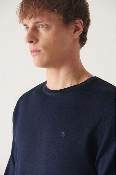 Avva Men's Navy Blue Crew Neck Wool Blended Knitwear Sweater E 005013