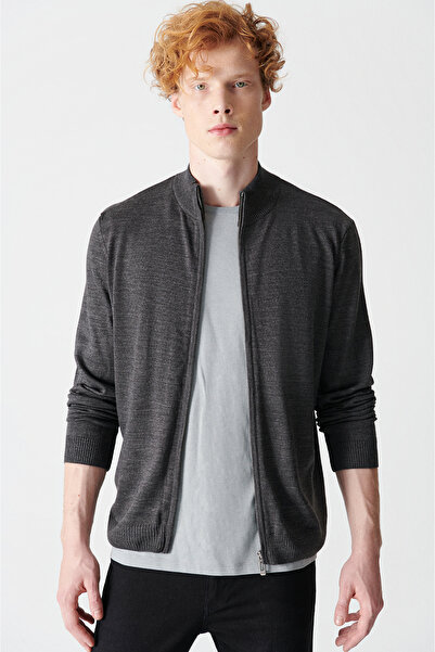 Avva Anthrazitfarbener Basic-Cardigan E mit Stehkragen und Reißverschluss für Herren 005004