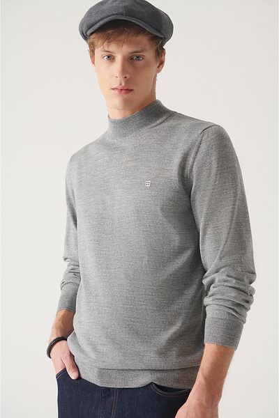 Avva Men's Gray Half Turtleneck Wool Blended Knitwear Sweater E 005015