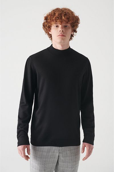 Avva Men's Black Half Turtleneck Wool Blended Knitwear Sweater E 005015