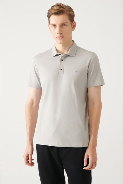 Avva Graues Herren-T-Shirt mit Polokragen – 3 Druckknöpfe, 100 % Baumwolle E 001033