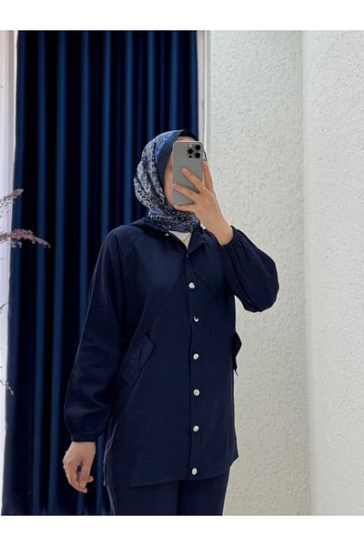 MİHRA STORE Alkım Strawberry Hooded Pocket Cover Suit-Na3387 Navy Blue