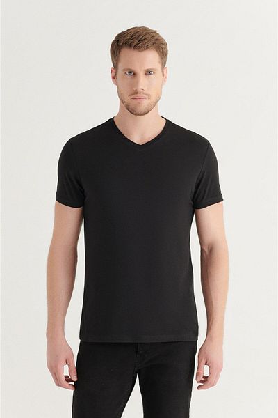 Avva Men's Black 100% Cotton V-Neck T-Shirt E 001001