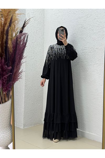 MİHRA STORE Nazenin Six Ruffles and Stones Abaya-Ge752 Black