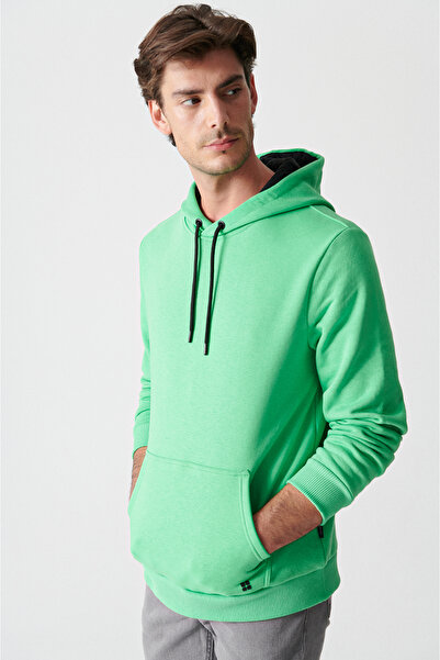 Avva Erkek Neon Yeşil Kapüşonlu 3 İplik Şardonlu Pamuklu Sweatshirt E001018