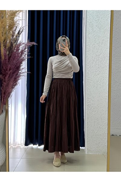MİHRA STORE Fusta Nalan din țesătură șifonată-BY5001 Maro