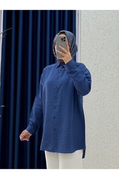 MİHRA STORE Πουκάμισο Evsa Oversize με κουμπιά στην πλάτη-NA689 Ναυτικό μπλε