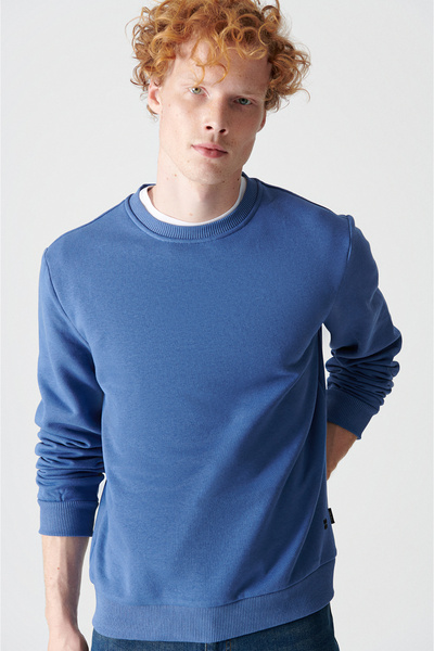 Avva Erkek İndigo Bisiklet Yaka 3 İplik Şardonlu Pamuklu Sweatshirt E001017