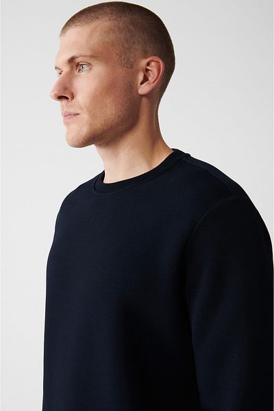 Avva Pánská námořnická modrá mikina Crew Neck se 3 vlákny zvednutá bavlněná mikina E 001017