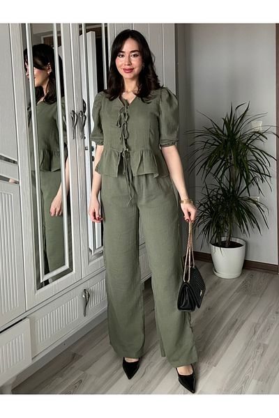AB LOOKS Women's Front Tie Blouse and Pants Set of Two 100% Cotton Muslin Bottom Top Set