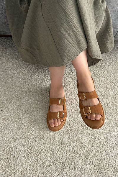 POTEEN Ptc Meloni Women's Genuine Leather Lightweight Anatomical Buckle Detailed Slippers - Tan