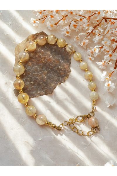 ayrestyle سوار من حجر السترين الطبيعي باللون الذهبي مع خرز سيترين قابل للتعديل - سوار نسائي مقاس 8 مم