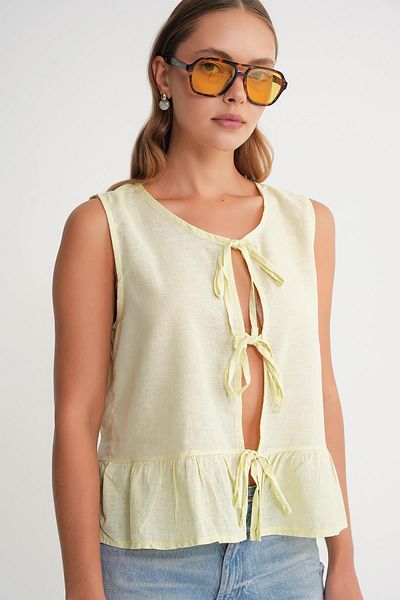Mixray 4717 Women's Front Lace Ruffle Sleeveless Linen Blouse Yellow