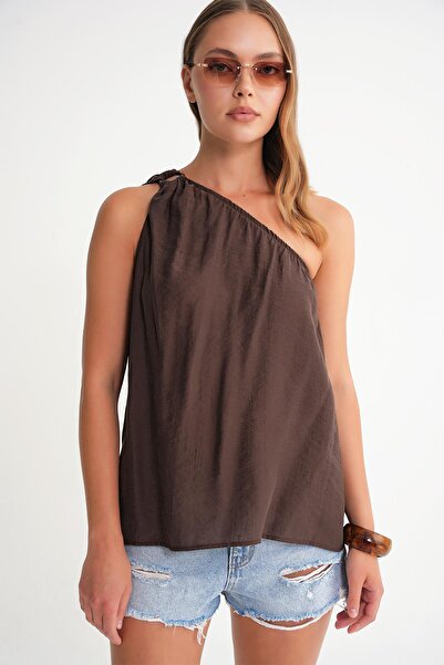 Mixray 4665 Γυναικεία μπλούζα με μονό λουράκι ώμου καφέ