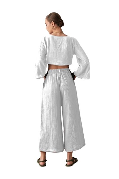 clavia Muslin Trousers, Comfortable Fit Loose Cut Wide Leg High Waist Trousers White