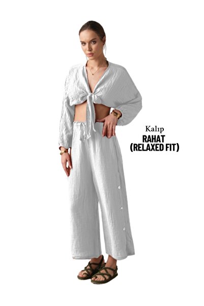 clavia Muslin Trousers, Comfortable Fit Loose Cut Wide Leg High Waist Trousers White