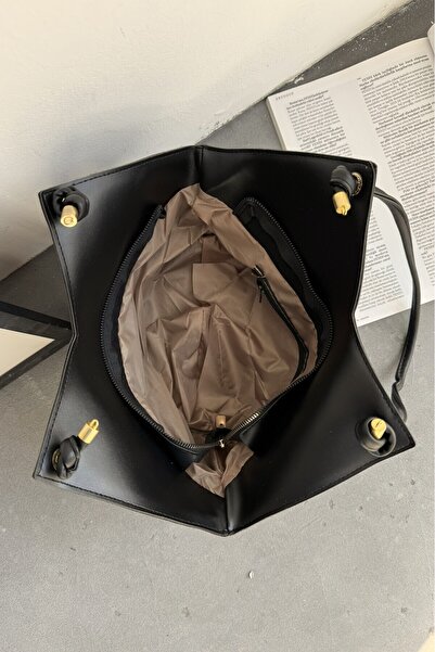 LEONAS Scarf Detailed Canvas Women's Shoulder Bag Black Striped