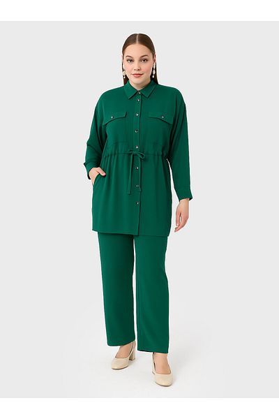 ALİA Plus Size Snap Detailed Pocket Tunic&Pants Double Aerobin Set - Emerald Green - Alia