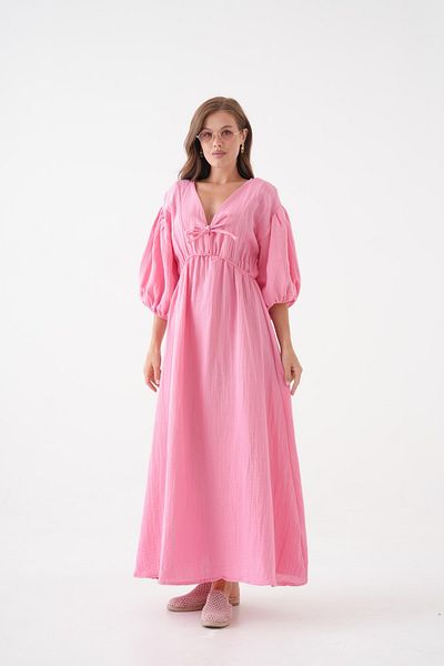 Butik 100% Cotton V-Neck Muslin Fabric Elastic Waist Rope Detailed Short Sleeve Dress Mg-2025