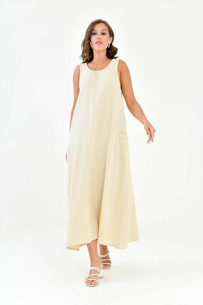 Butik Μακρύ φόρεμα από 100% βαμβακερό μουσελίνα μηδενικό μανίκι -mg002