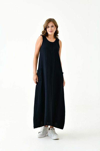 Butik 100% Cotton Muslin Fabric Zero Sleeve Long Dress -Mg002