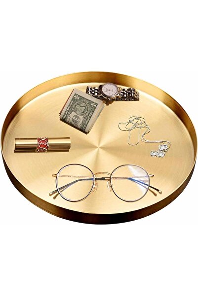 Arabest Round Metal Decorative Tray,Mirror Finish Golden Jewelry Tray, Gold C...