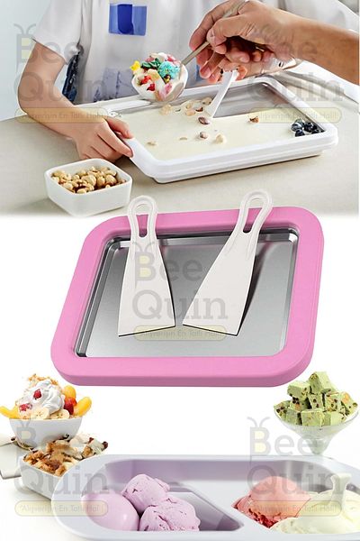 BeeQuin Pink Ice Cream Making Preparation Tray Pan Roller Tray with Spatula Household Bowl Apparatus Ice