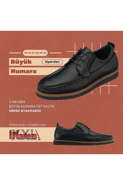 İriadam Krt103 Black Leather 4 Seasons Large Size Top Quality Men's Shoes in Numbers 45,46,47,48,49,50