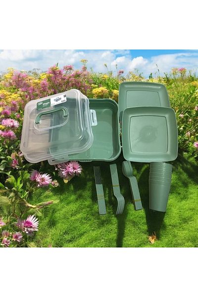 HOBBY LİFE 32 Piece 6 Person Picnic Set with Magic Bag Washable Green