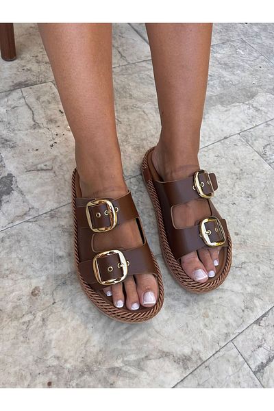 İnan Ayakkabı Women's Daily Slippers Double Strap Slippers Brown