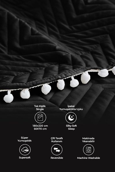 Evlen Home Collection Cuvertură de pat de o persoană din bumbac 100%, neagră
